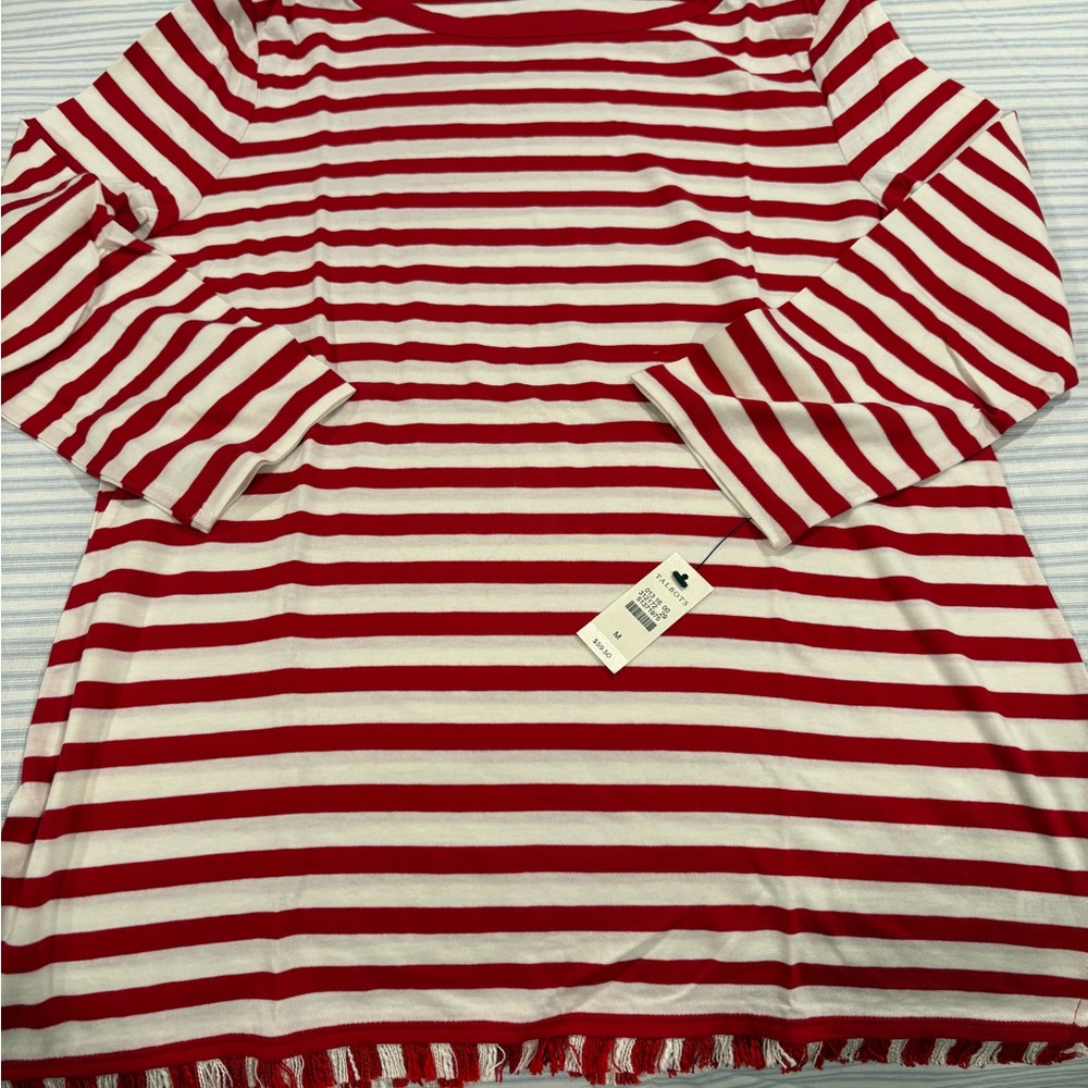 NWT Talbots Red & White Striped Top with fringe hem